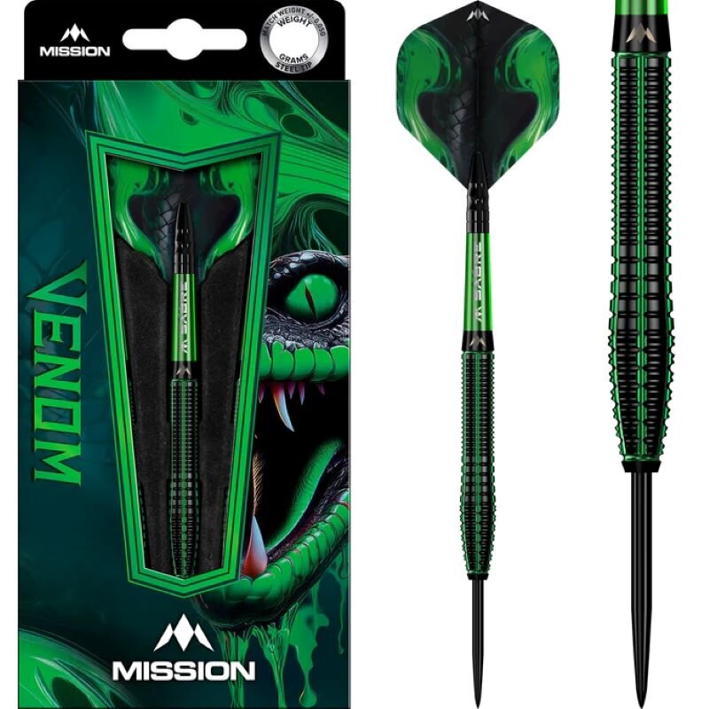 Mission Venom Steeldarts 90 % Wolfram–Schwarz / Grün Electro 23g, 25g